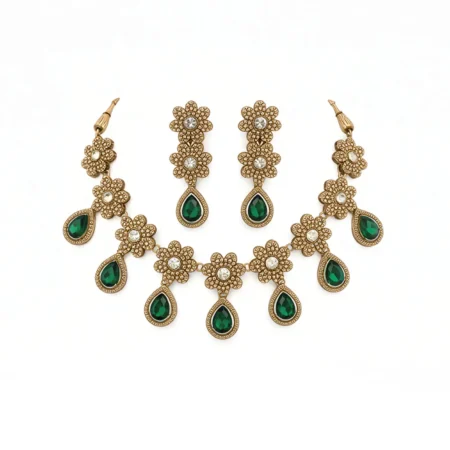 Gold & Green Crystal Necklace Set with Earrings